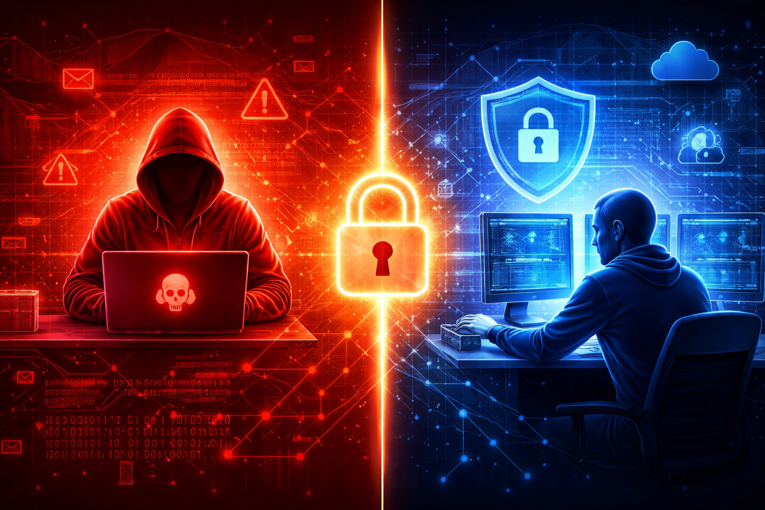 Siber güvenlikte saldırı zinciri ve savunma kontrollerini temsil eden dijital illüstrasyon